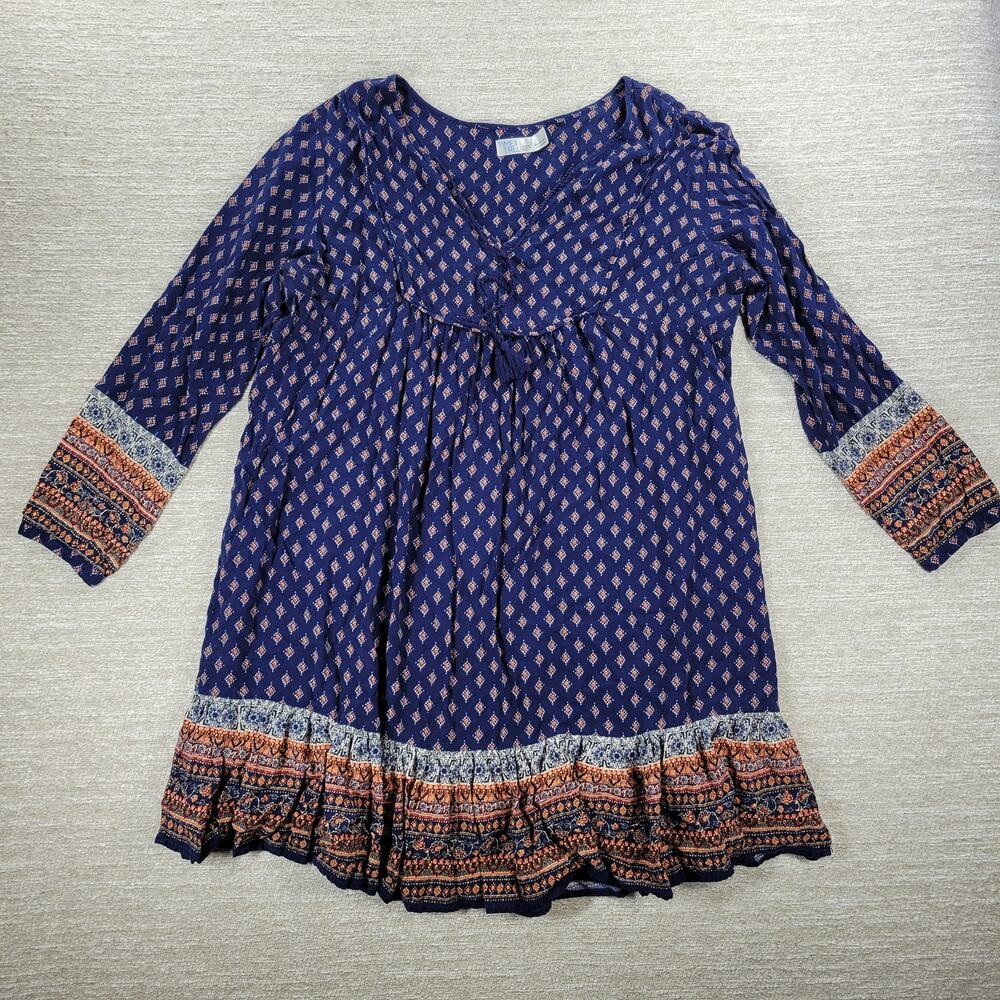 Time and Tru Boho Tassel Dress Womens XL Blue Rayon Cottagecore Border Print
